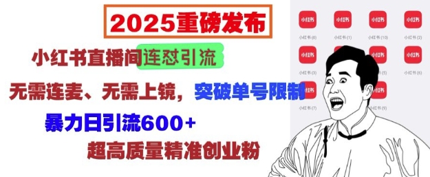 2025重磅发布:小红书直播间连怼引流,无需连麦、无需上镜,突破单号限制,暴力日引流600+-高清美女套图,你想要的都有。