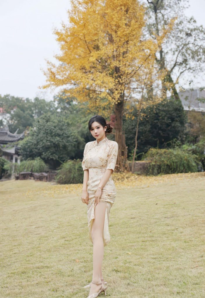 图片[3]-美女图片：金晨，金黄旗袍映秋光，温婉如晨露初绽