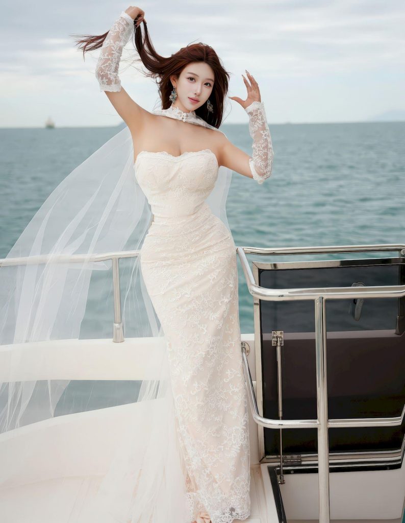 图片[3]-成人资源：像极了孟子义！白色抹胸蕾丝婚纱，海景衬出绝美气质